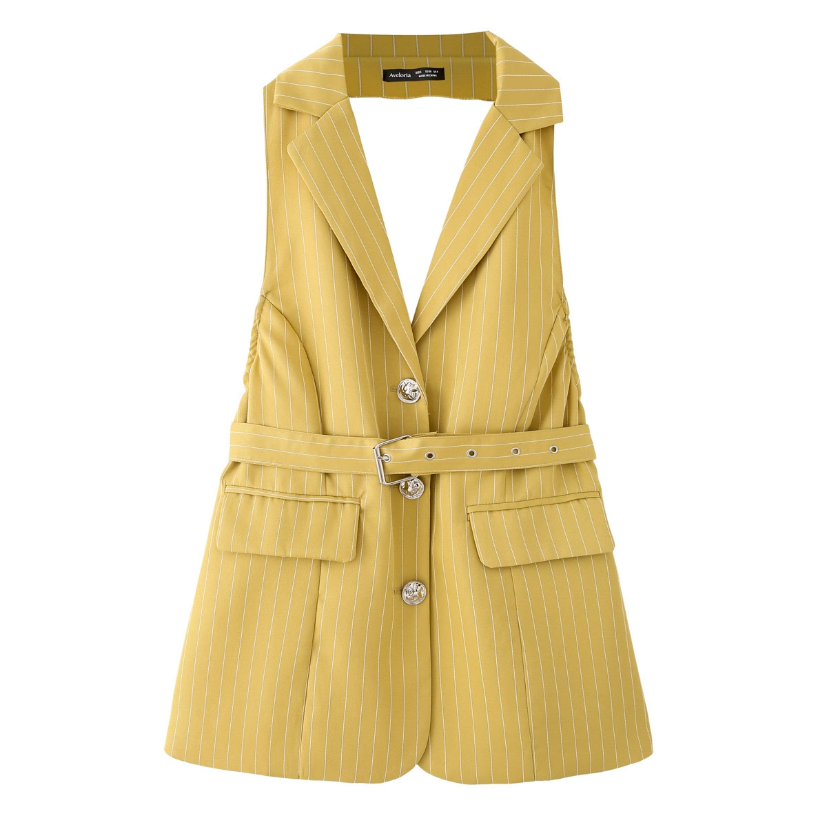 Женский костюм-жилет в стиле европейской и американской уличной моды лето 2025, с поясом, полосками, открытой спиной и воротником-халтер, D29574