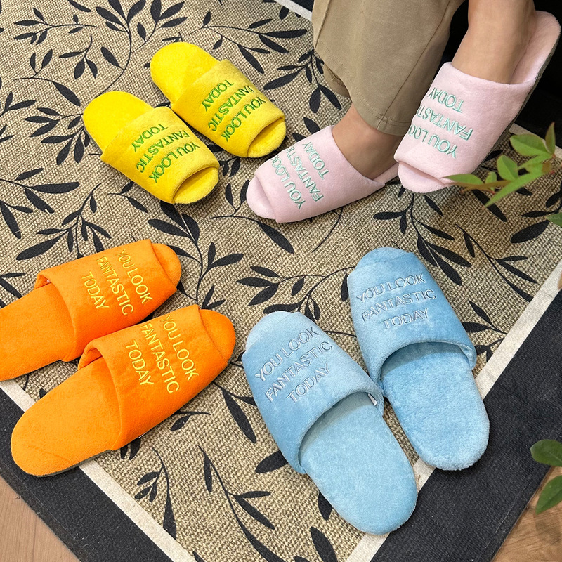 in stock and fast delivery Korean Style Positive Energy Slippers Embroidered Couple Slippers Silent Velvet Home Cotton Slippers Korean Style Slippers in stock and fast delivery Korean Style Positive Energy Slippers Embroidered Couple Slippers Silent Velvet Home Cotton Slippers Korean Style Slippers