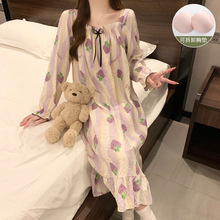 云朵棉长袖睡裙女士新款带胸垫大码睡衣可外穿家居服春秋一件代发