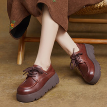 2025春季新款帅气英伦风真皮手工圆头系带厚底坡跟单鞋