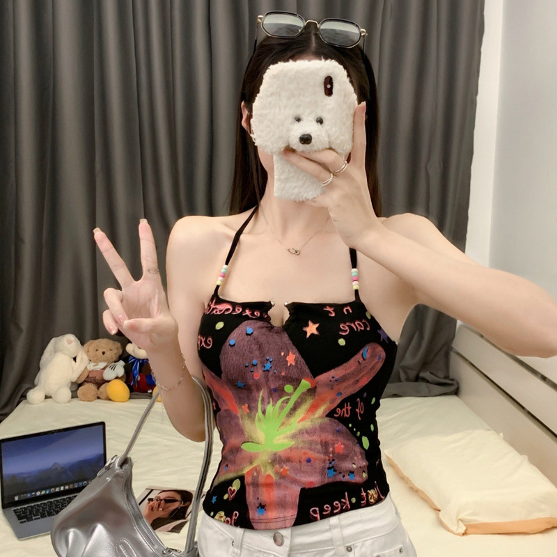 949 # Summer New Pure Lust Sexy Flower Print Beaded Halterneck Vest Slim All-In-One Top with Breast Pads