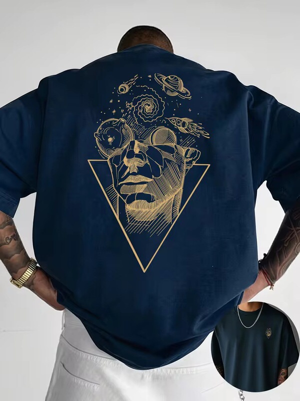 Stellar Consciousness T-Shirt with Golden Sketch of Face and Planet, Cotton Men's T-Shirt, Summer Fashion Casual Wear Stellar Consciousness T-Shirt with Golden Sketch of Face and Planet, Cotton Men's T-Shirt, Summer Fashion Casual Wear