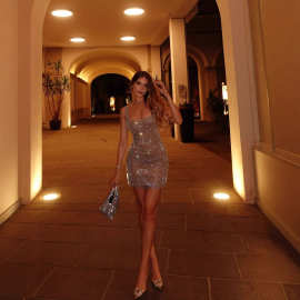 辣妹性感网格重工满钻超闪吊带包臀短裙名媛高级生日露背晚宴礼服