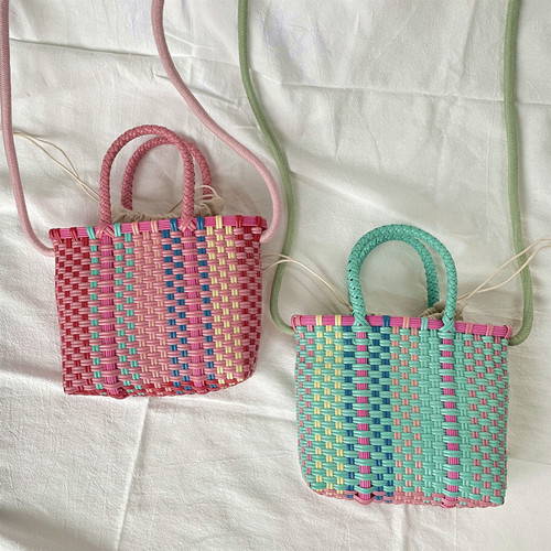 PVC straw bag pure handmade contrasting color straw bag woven bag shoulder portable crossbody bag vacation beach bag