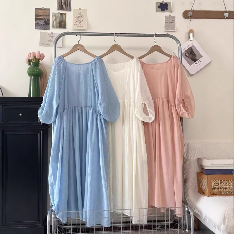 『Xin Xing』Summer Vacation Style Loose Solid Color Multi-Color Raglan Three-Quarter Sleeve Tie Dress Long Flowing Dress