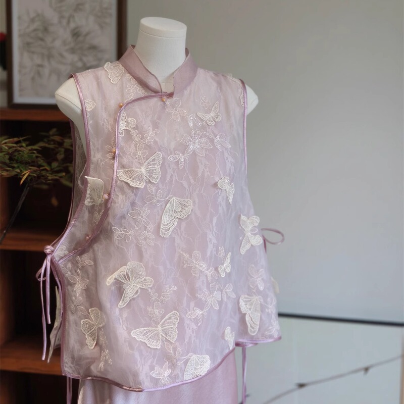 New Chinese Style Vest Thin Summer Pink Purple Young Mesh Vest Outer Wear Blouse Improved Cheongsam Top Sleeveless New Chinese Style Vest Thin Summer Pink Purple Young Mesh Vest Outer Wear Blouse Improved Cheongsam Top Sleeveless