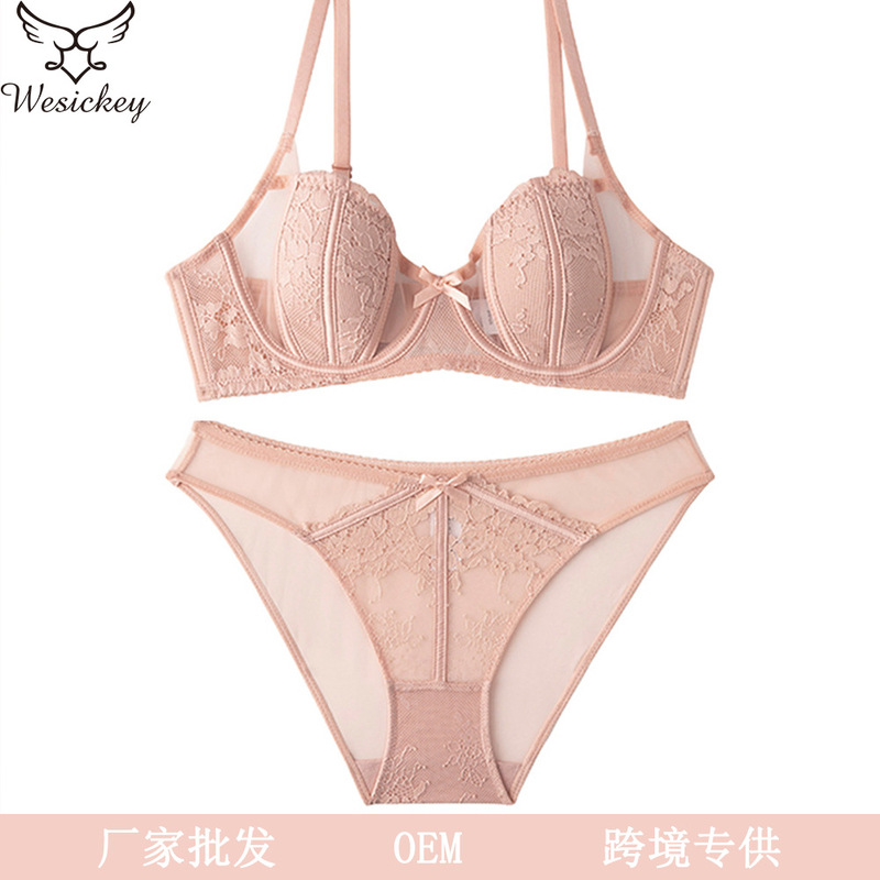 Cross-Border Sexy Lingerie for Women, French Style Thin See-Through Bunny Ears Lace Bra, Large Bust Minimizing Plus Size Lingerie Set