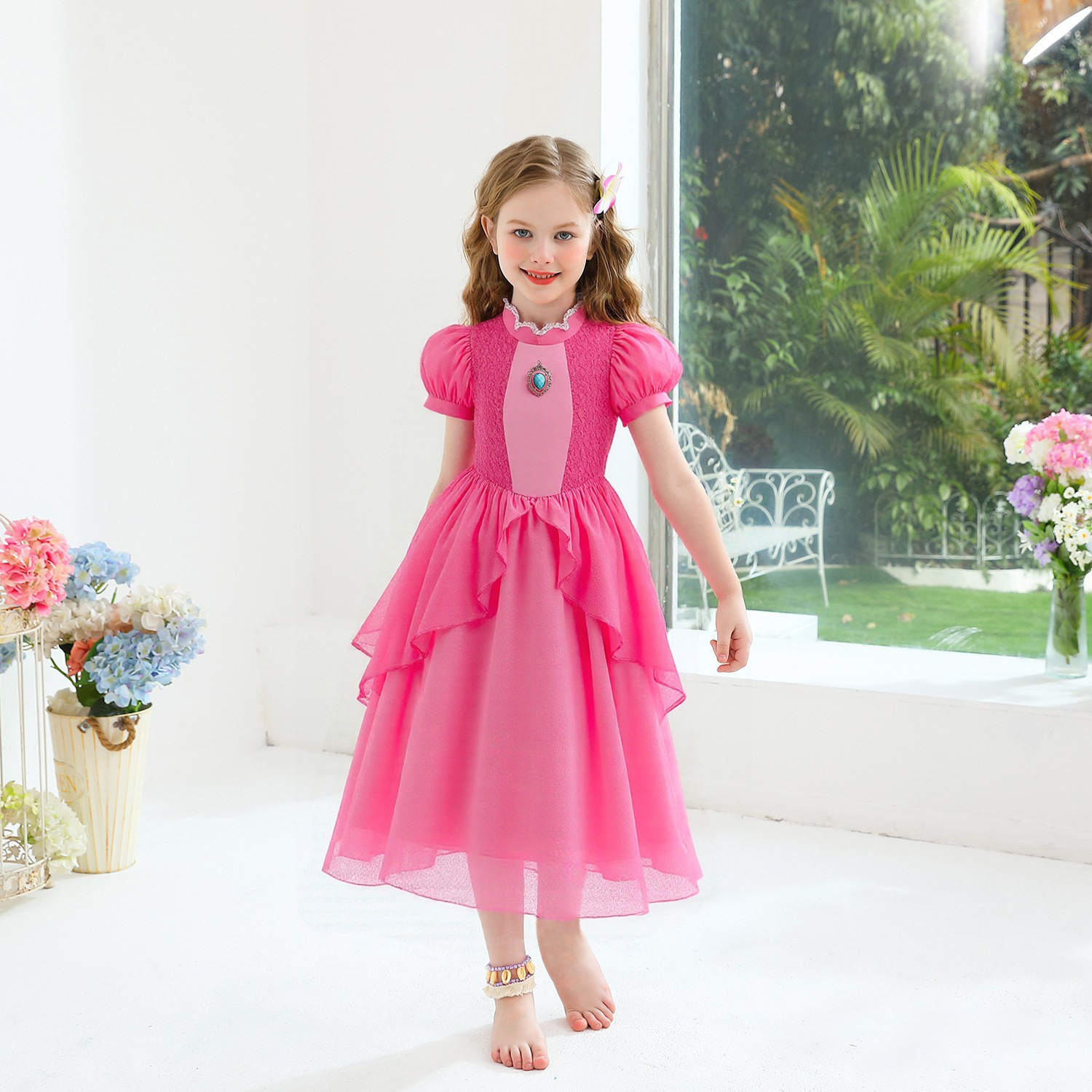 Transfronterizo de comercio exterior Cosplay rendimiento ropa de los niños princesa bi Ji vestido niña Mario melocotón princesa vestido