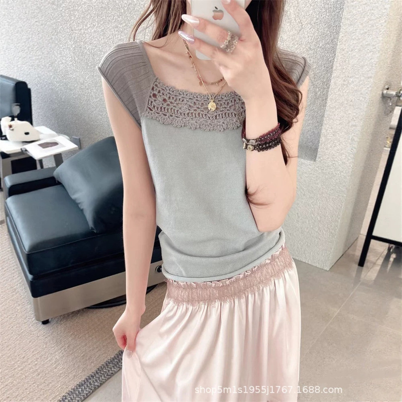 Nanyou High-Quality Pala* Lace Patchwork Color-Block Knit Square-Neck Short-Sleeve Top Nanyou High-Quality Pala* Lace Patchwork Color-Block Knit Square-Neck Short-Sleeve Top