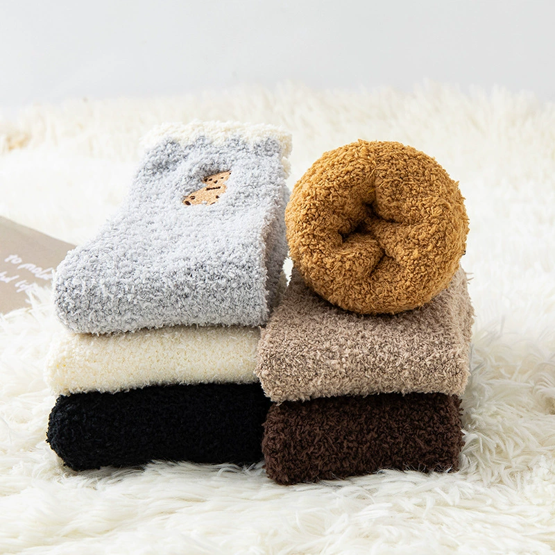 Coral velvet demi-season keep warm cartoon knee socks, with little bears, with embroidery, mid-length, increased thickness