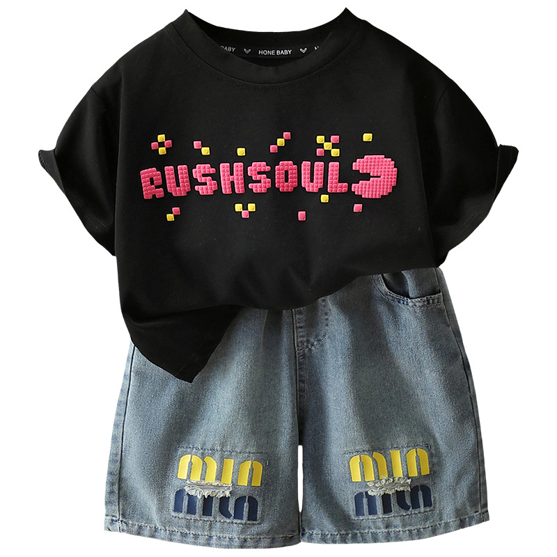 7328 Traje de verano para niños 2025 Nuevo estilo de verano para niños guapos Ropa de manga corta Camiseta roja de dos piezas Verano 5