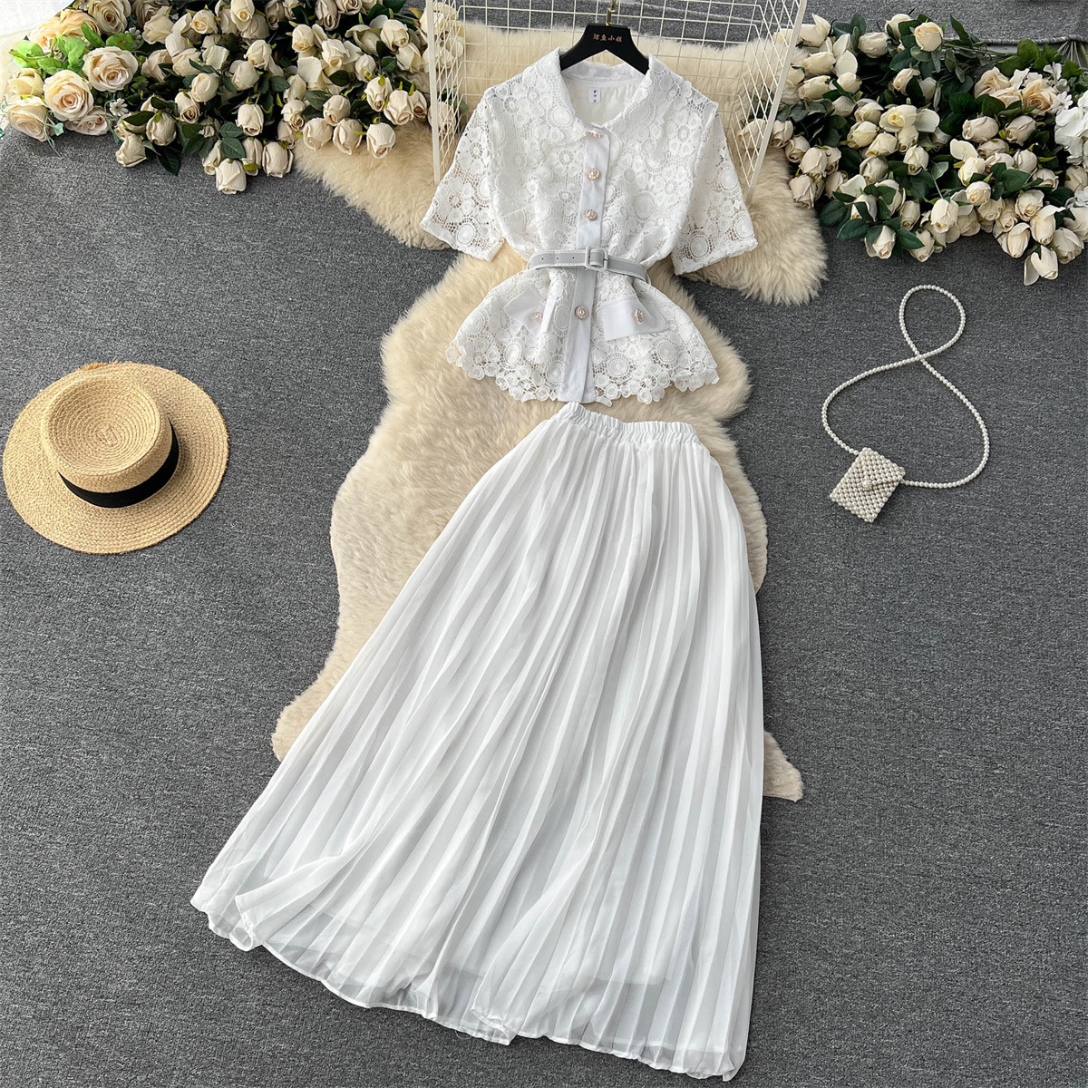 Damen Zweiteiliges Set Aus Kurzarmbluse Und Plisseerock Für Den Sommer_voghion.com
