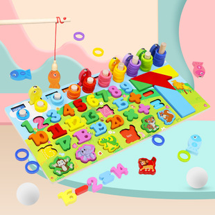 Wooden Number and Letter Logarithm Board Shape Fishing Matching Board Kidsren's Educational Puzzle Building Blocks Early Education Toys