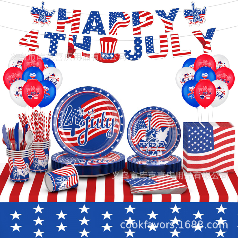 Día de la Independencia Fiesta temática de la bandera estadounidense Bandeja de papel Vaso de papel Toalla de papel Juego de vajilla Día de la Independencia Decoración de la fiesta