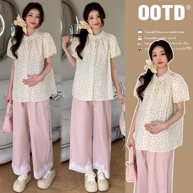 Real shot new maternity dress temperament summer lace sweet age-reducing wave point top wide leg pants suit