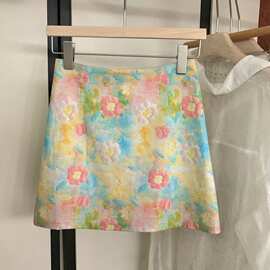 微小众小碎花半身裙A字裙高腰显瘦胖mm夏季别致女包臀短裙油画裙