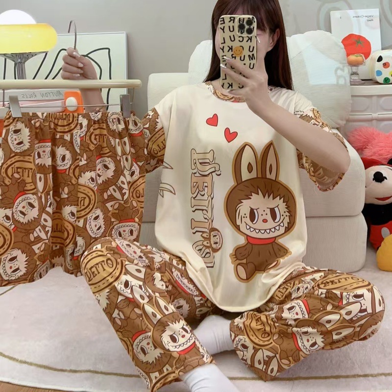 Pijamas de verano transfronterizos pijamas de leche de seda de tres piezas set de dibujos animados comercio exterior ropa para el hogar pantalones de mangas cortas lindos