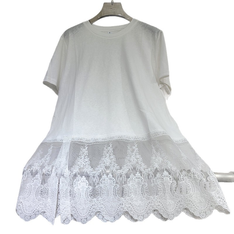Diseño de encaje de costura camiseta de mangas cortas mujeres 2026 primavera y verano moda suelta delgada cuello redondo blusa casual universal