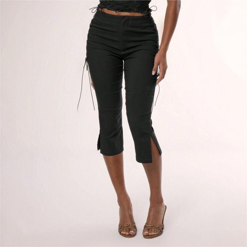 In-stock cross-border European and American drawstring tie cropped pants with side pleats and slits, slim-fit skinny pants