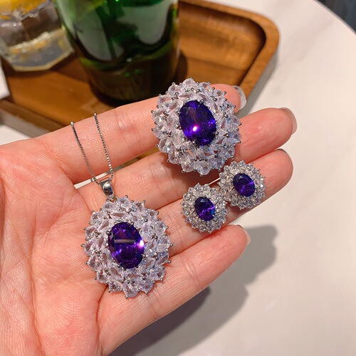 Zhao Sheng Sheng Jewelry European and American Fashion Jewelry Set Purple Orchid Zircon Pendant Ring 10*14 Earrings 6*8 Three-Piece Set