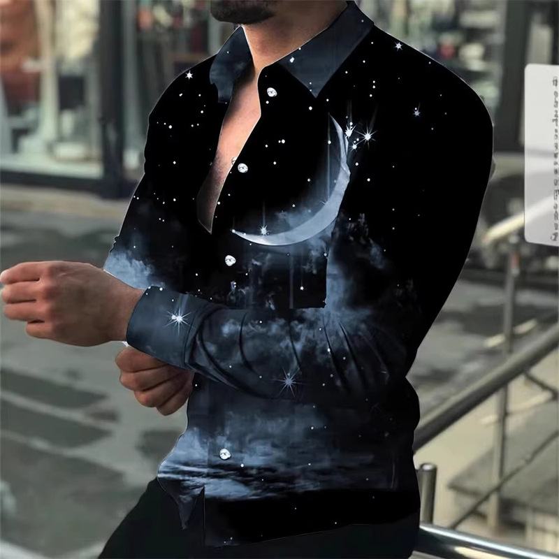 Cross-Border Amazon Foreign Trade European Size Lapel 3D Printed Casual Slim-Fit Long-Sleeve Digital Print Shirt