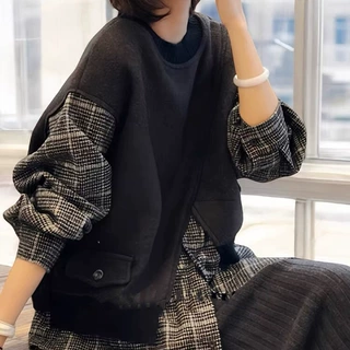 现货厂家批发 假两件圆领卫衣女秋冬设计感复古格纹拼接上衣 女