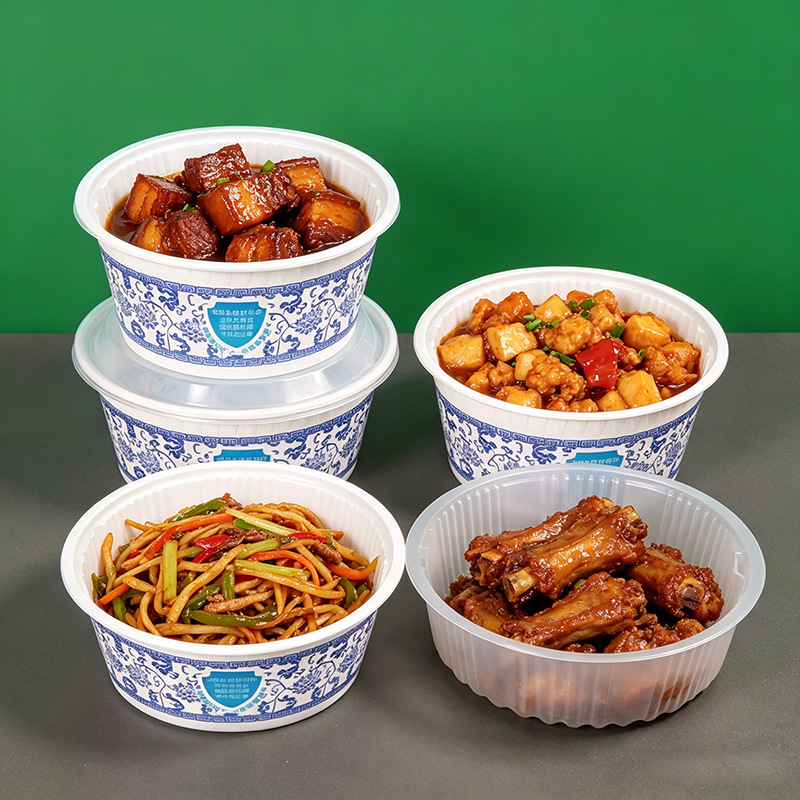 Caja de comedor de porcelana de color azul desechable redonda gruesa para llevar tazón de embalaje con cubierta horno de microondas para alimentos domésticos comerciales