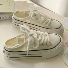 奶油白厚底两穿帆布鞋女年新款夏季女鞋透气半拖一脚蹬小白鞋