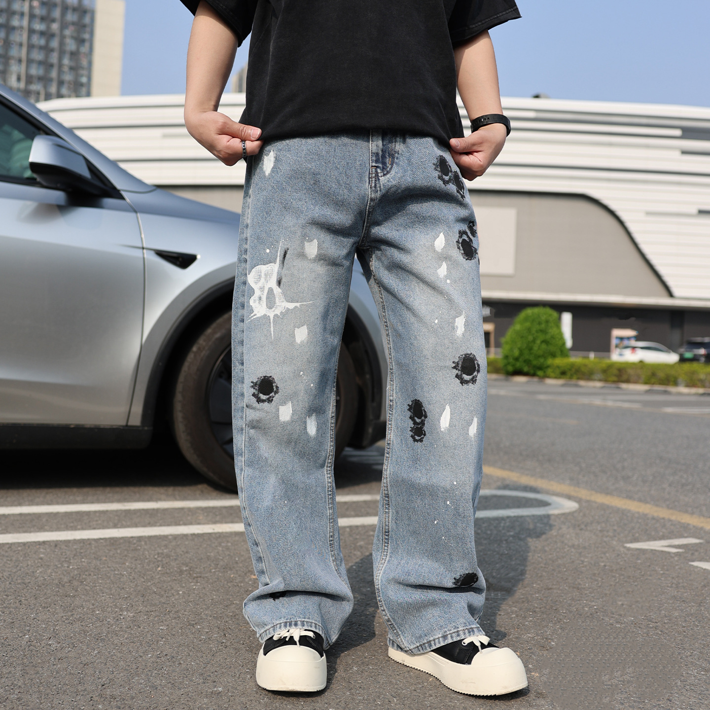 Men's Clothing Men's Straight Leg Jeans Graffiti Splatter Paint Design Comfortable Fit Denim Pants Trendy Clothing_voghion.com