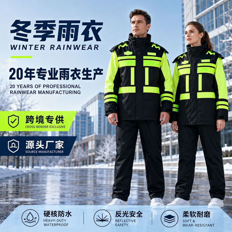 Winter workwear fluorescent green reflective raincoat and rainpants set for traffic and highway patrol duty Winter workwear fluorescent green reflective raincoat and rainpants set for traffic and highway patrol duty