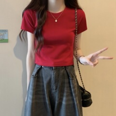 小衆正肩半袖tシャツ女性夏2025新作丸襟ガードルショートタイプ高腰露出臍純色上着潮