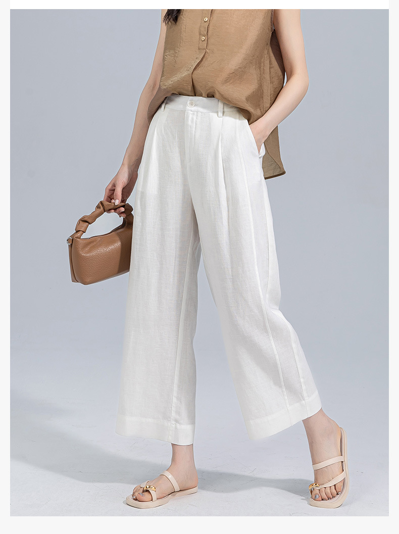 Quần ống rộng nữ cạp cao suông rộng dáng 9 phần vải linen lyocell — màu xanh hải quân chi tiết 6