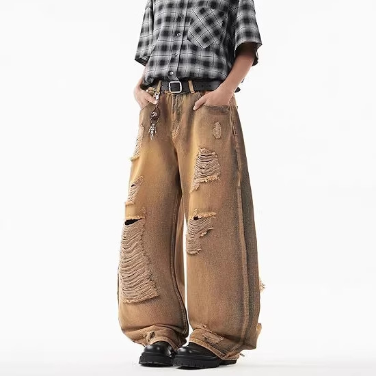 2026 New Men's Ripped Loose-Fit Jeans, Vintage Denim, Oversized Wide-Leg, Distressed and Frayed, Street Style 2026 New Men's Ripped Loose-Fit Jeans, Vintage Denim, Oversized Wide-Leg, Distressed and Frayed, Street Style