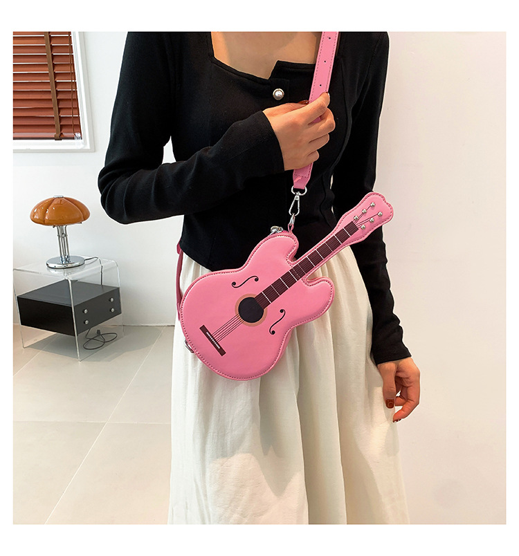 396g Weight Polyester Lining Material Zipper Closure Type Single Shoulder Strap Strap Type Shoulder Bag Bags Type Street, Shopping Occasion Pu Leather Material Guitar Pattern All Seasons Season Women's Gender Streetwear Style Oval Shape Small Size Women's Small Pu Leather Guitar Streetwear Oval Zipper Shoulder Bag 3