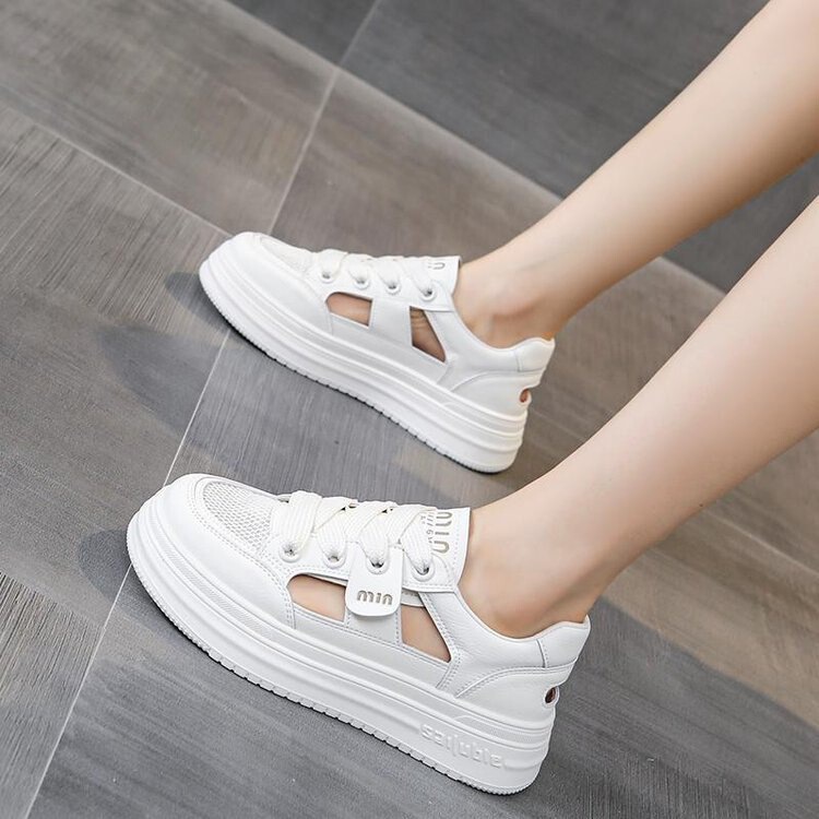 Thick Bottom Hollow White Shoes Women's 2025 Summer New Style Lace-Up Breathable Sports Sandals All-Match Casual Hole Shoes