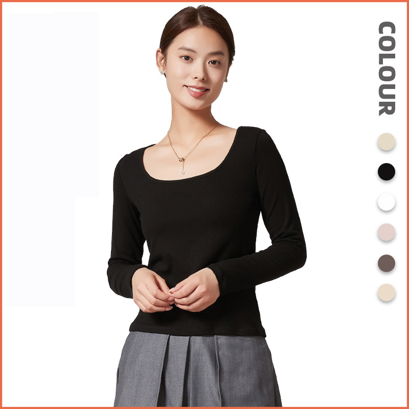 Silk Pattern Cross-Border U-Neck Bottoming Shirt Can Be Worn Outside Women's Spring and Summer Slimming Look Inner Long-Sleeved T-Shirt with a High-Bottom Feel