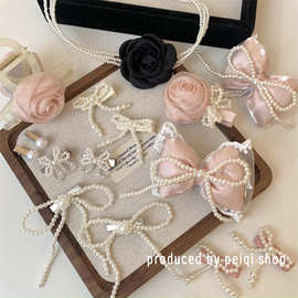 法式复古珍珠玫瑰网纱发夹甜美少女超仙流苏发卡抓夹项链颈链饰品