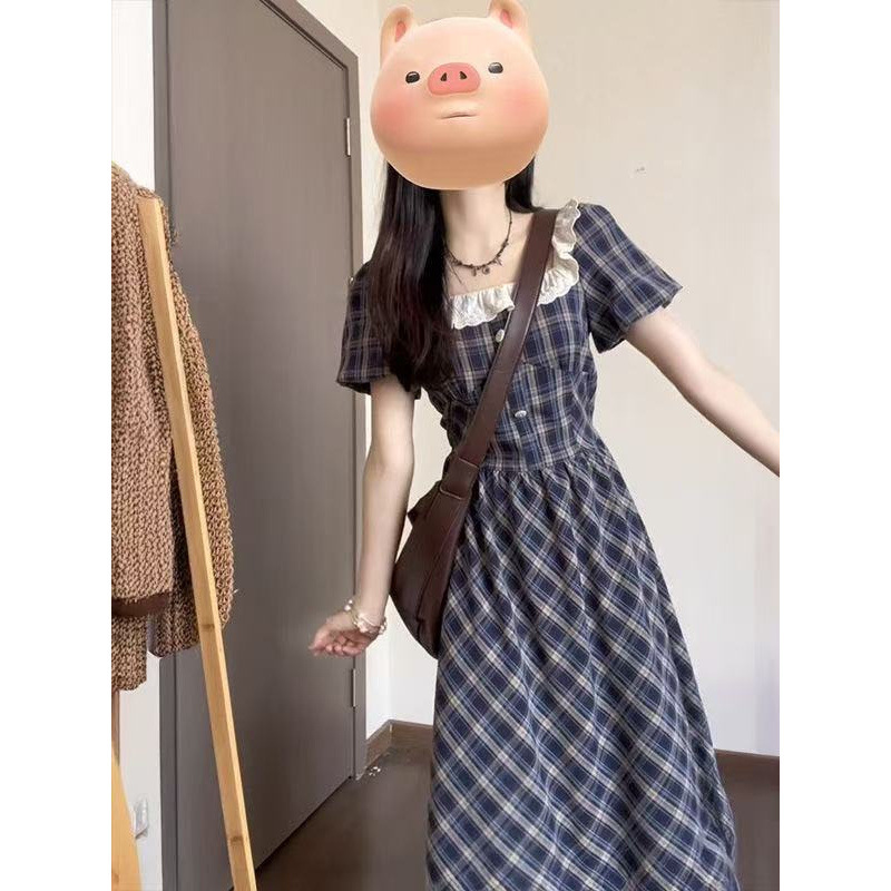 学院风甜美时尚高腰修身格纹连衣裙女夏季收腰显瘦蕾丝拼接A笙陇|undefined