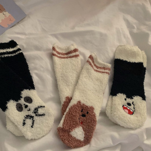 Autumn and Winter Warm Bear Coral Velvet Mid-Calf Socks for Women Japanese Style Versatile Plush Cartoon Panda Floor Socks Sleep Socks