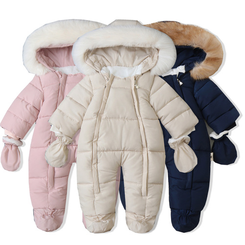 Cross-border exclusive faux fur hooded winter baby suit with integrated mittens, 2024 new climbing suit for babies
