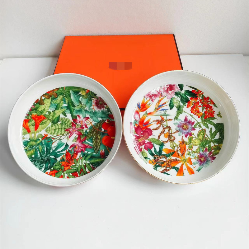 Cross-Border Tropical Rainforest Bone China Dinner Plate Household High-End Ceramic Dish Plate Soup Plate Set Housewarming Gift Box Wholesale