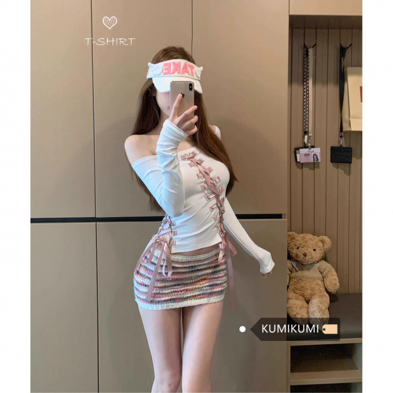 [1*1 rayon 260g] white off-shoulder T-shirt women's strap slim pure long sleeve top