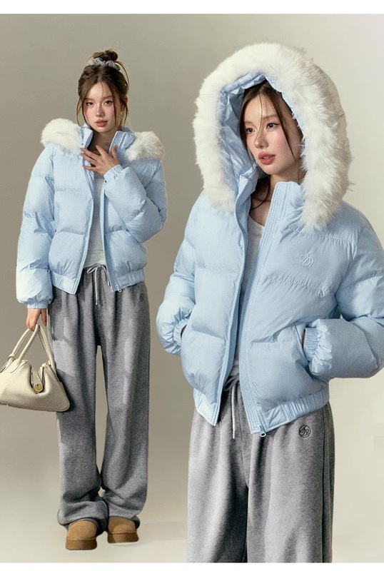 韩版慵懒毛领连帽棉服女冬季小个子简约百搭宽松保暖加厚棉衣外套|undefined