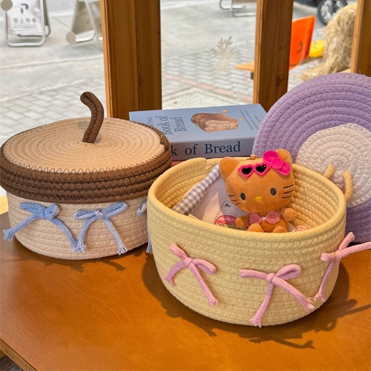 かわいいリボン付き*ins風綿糸編み収納バスケット 家庭用デスクトップ雑貨・お菓子収納バスケット 蓋付き収納バスケット|undefined