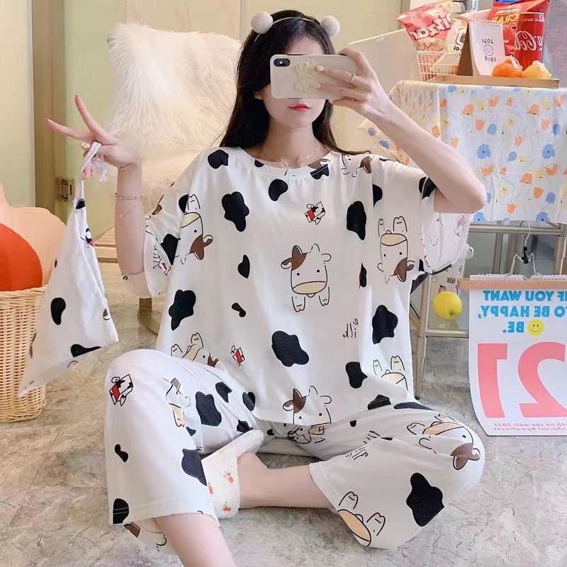 Pijamas primavera y otoño de las mujeres de verano Pantalones de manga corta más el tamaño flojo estilo coreano fresco lindo estudiante dulce traje de desgaste para el hogar