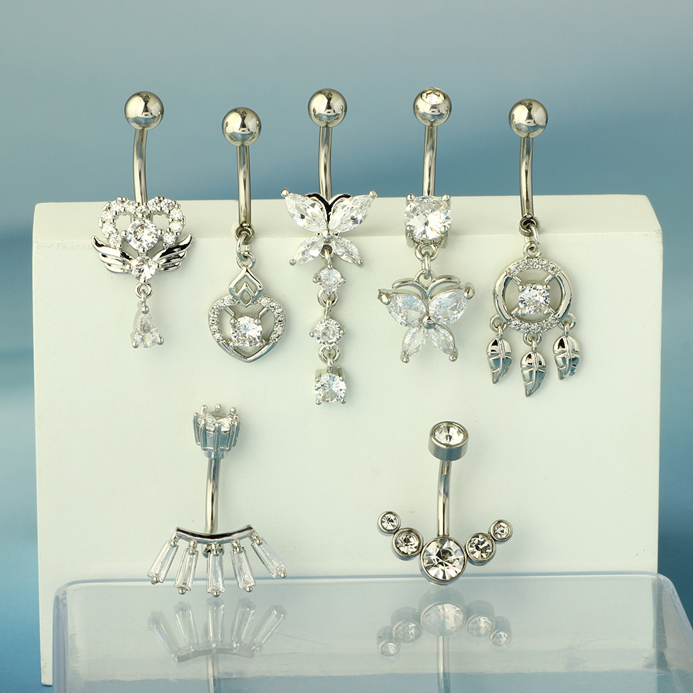 6g Weight Zircon Inlay Material 1 Piece 316L Stainless Steel Copper Zircon Belly Rings Heart Shape Wings Butterfly Waterproof Non Tarnish Surgical Steel Unisex