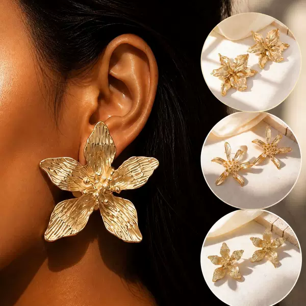 Cross-Border Supply of Gold Flower Statement Earrings, Light Luxury, High-End, Unique and Beautiful Earrings, European and American Style Earrings Wholesale