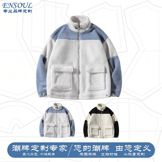 国潮羊羔毛加绒加厚棉服男女拉链开衫情侣夹克撞色宽松外套