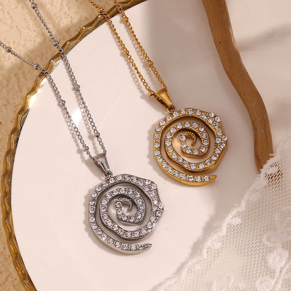 Full Diamond Spiral Pendant Stainless Steel Necklace