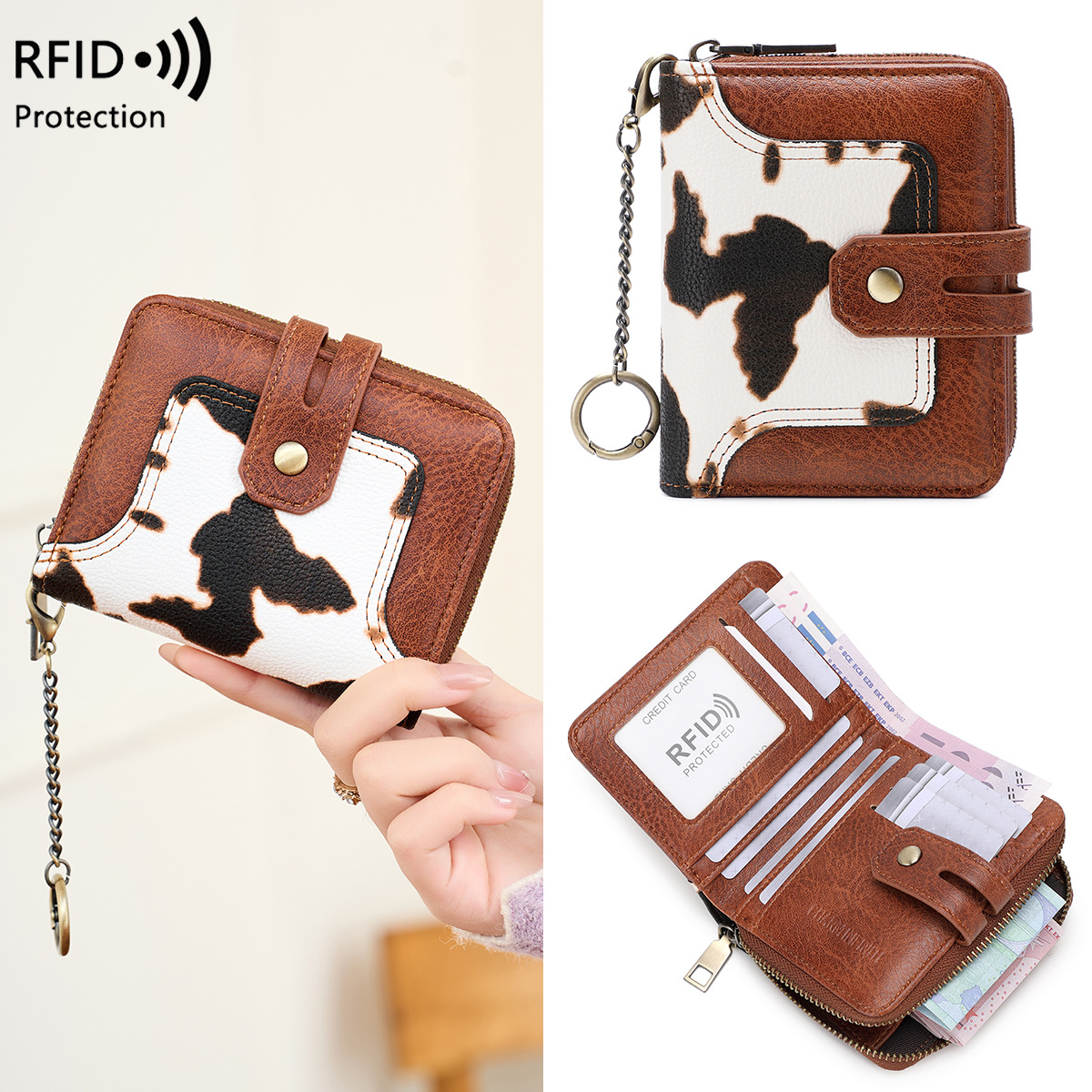 국경 간 새로운 RFID 도난 방지 여성용 지갑 체인 키 체인 동전 지갑 대비 색상 인쇄 짧은 작은 지갑